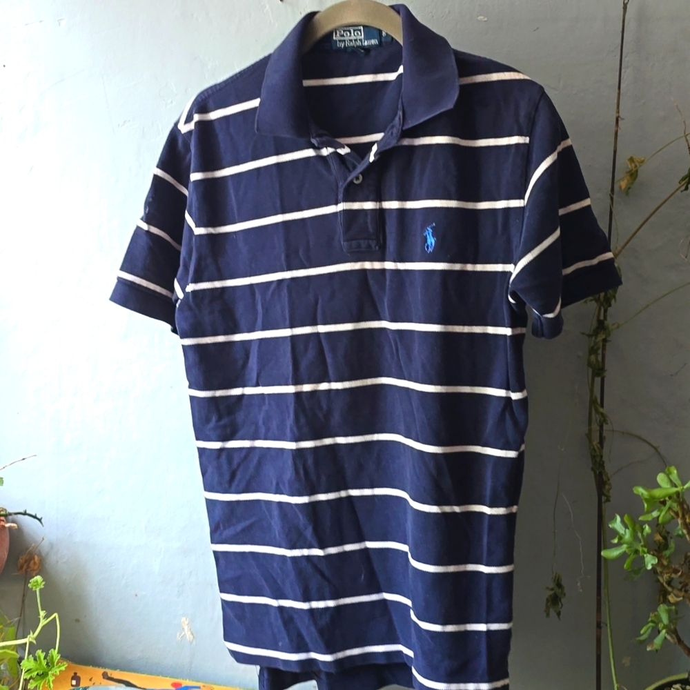 Vintage Polo Ralph Lauren Blue White Striped Short Sleeve Polo Shirt Mens Size S